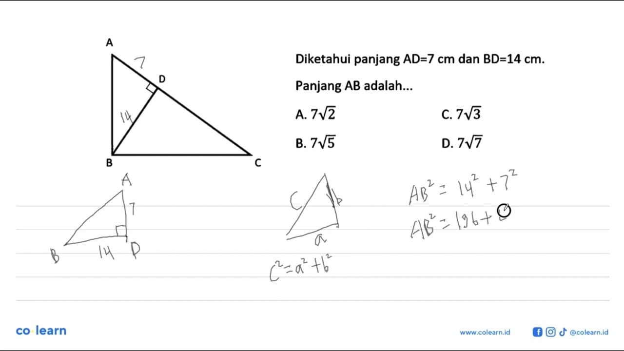 Diketahui panjang AD=7 cm dan BD=14 cm. Panjang AB