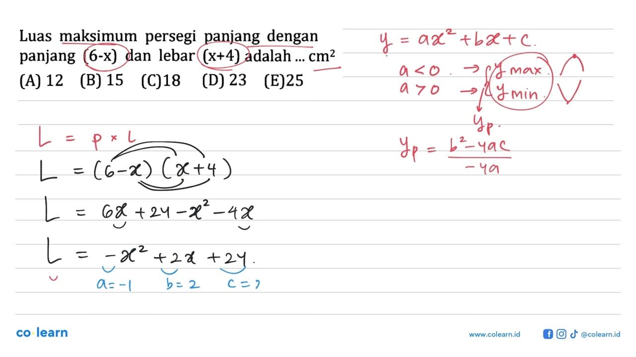 Luas maksimum persegi panjang dengan panjang (6-x) dan