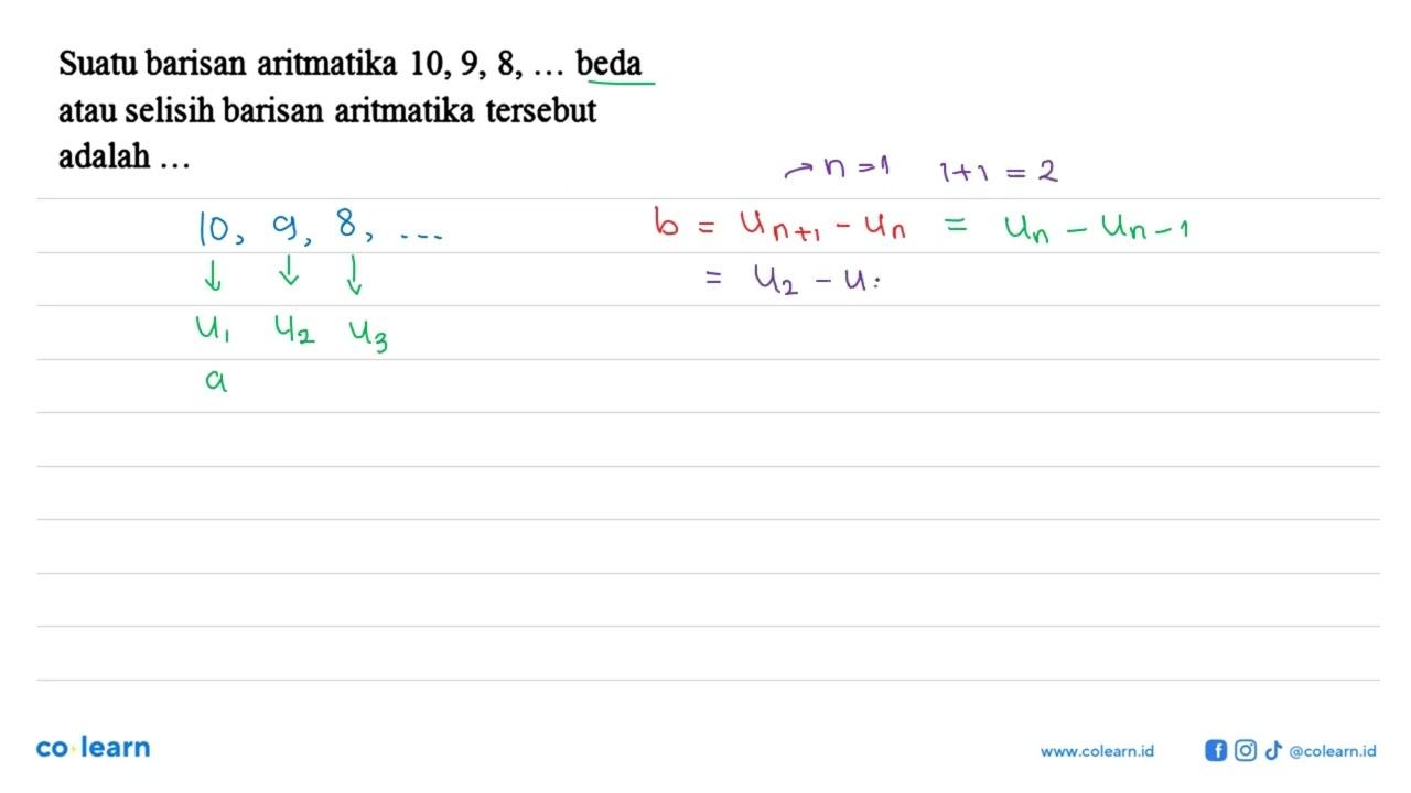 Suatu barisan aritmatika 10, 9, 8, ... beda atau selisih