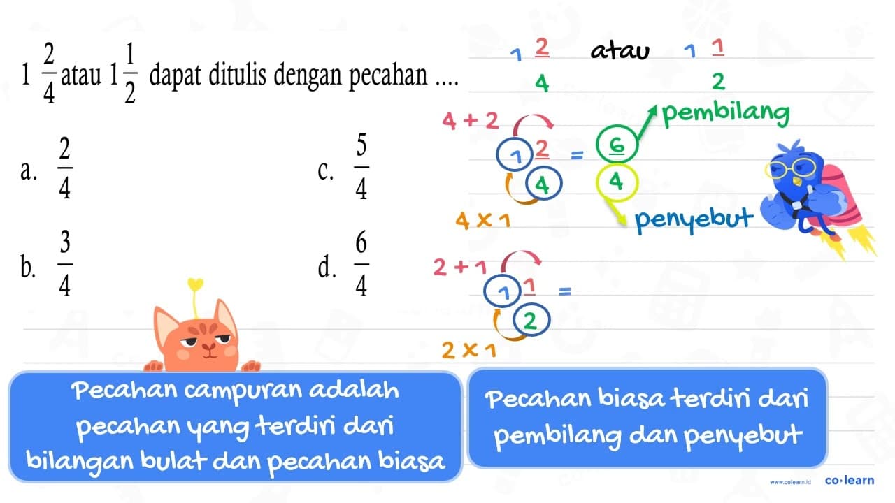 1 2/4 atau 1 1/2 dapat ditulis dengan pecahan ....