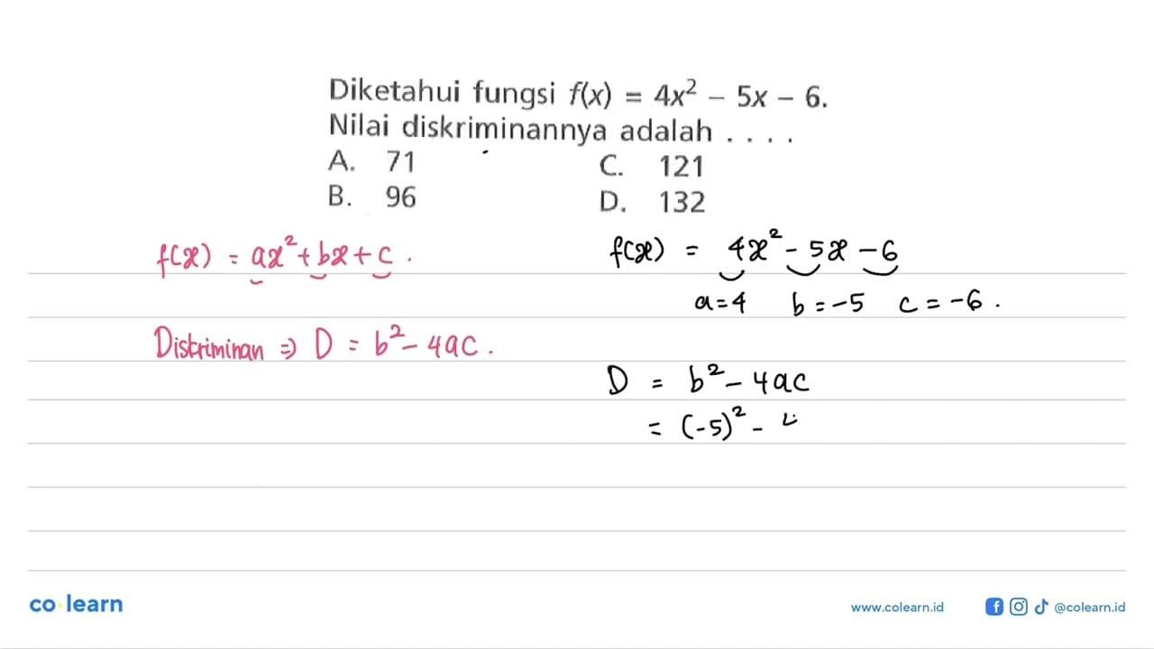 Diketahui fungsi f(x) 4x^2- 5x- 6. Nilai diskriminannya