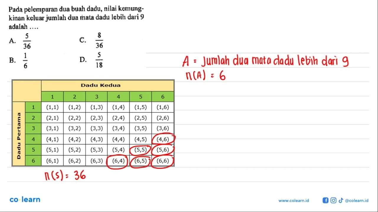 Pada pelemparan dua buah dadu, nilai kemungkinan keluar