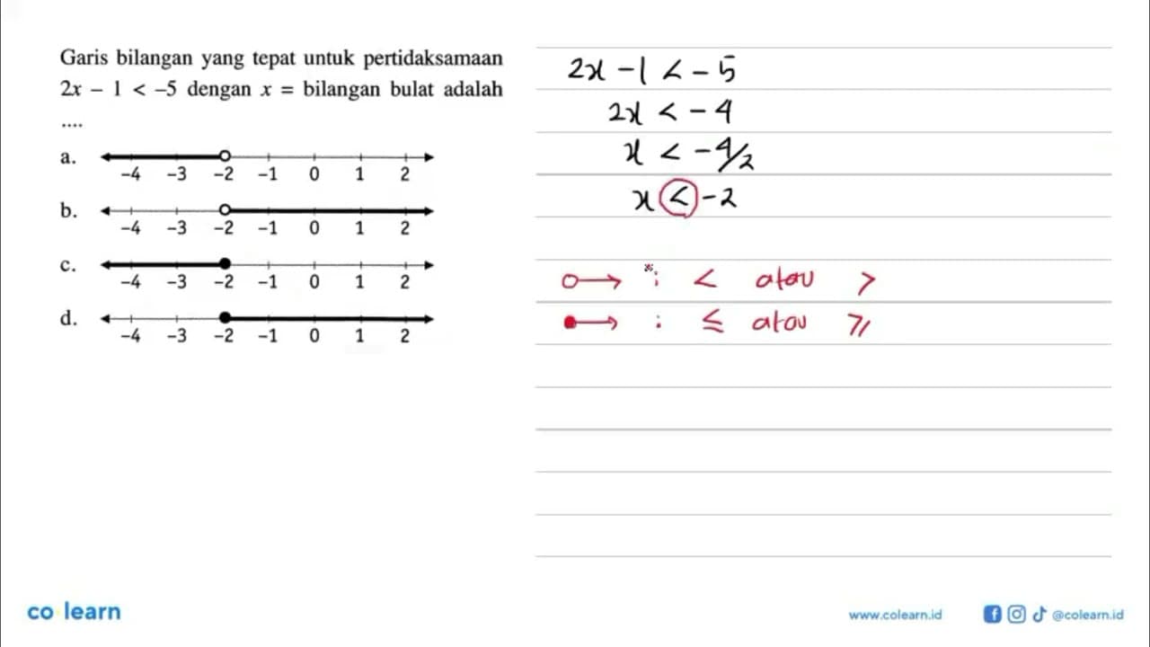 Garis bilangan yang tepat untuk pertidaksamaan 2x - 1 < -5