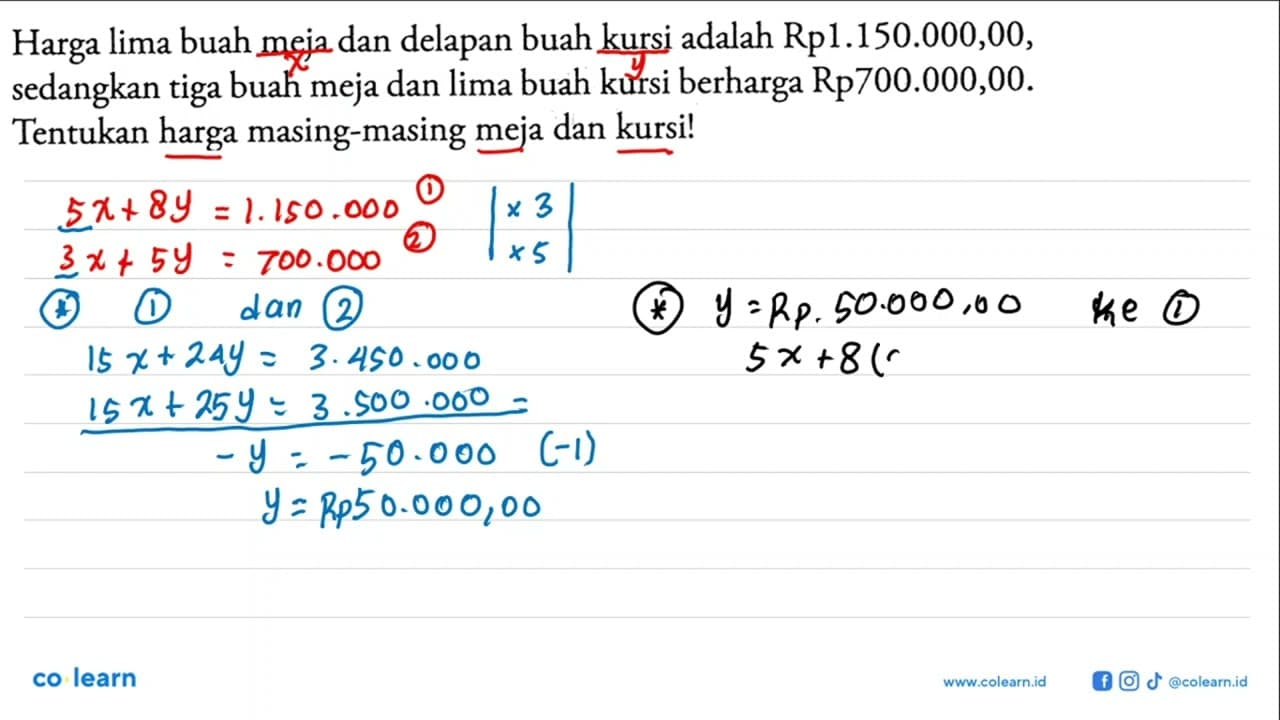 Harga lima buah meja dan delapan buah kursi adalah