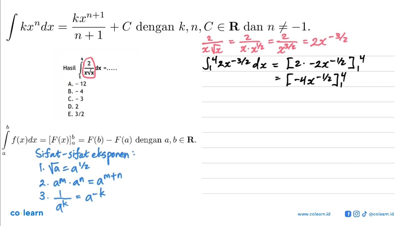 Hasil integral dari 1 4 2/x akar(x) dx=....