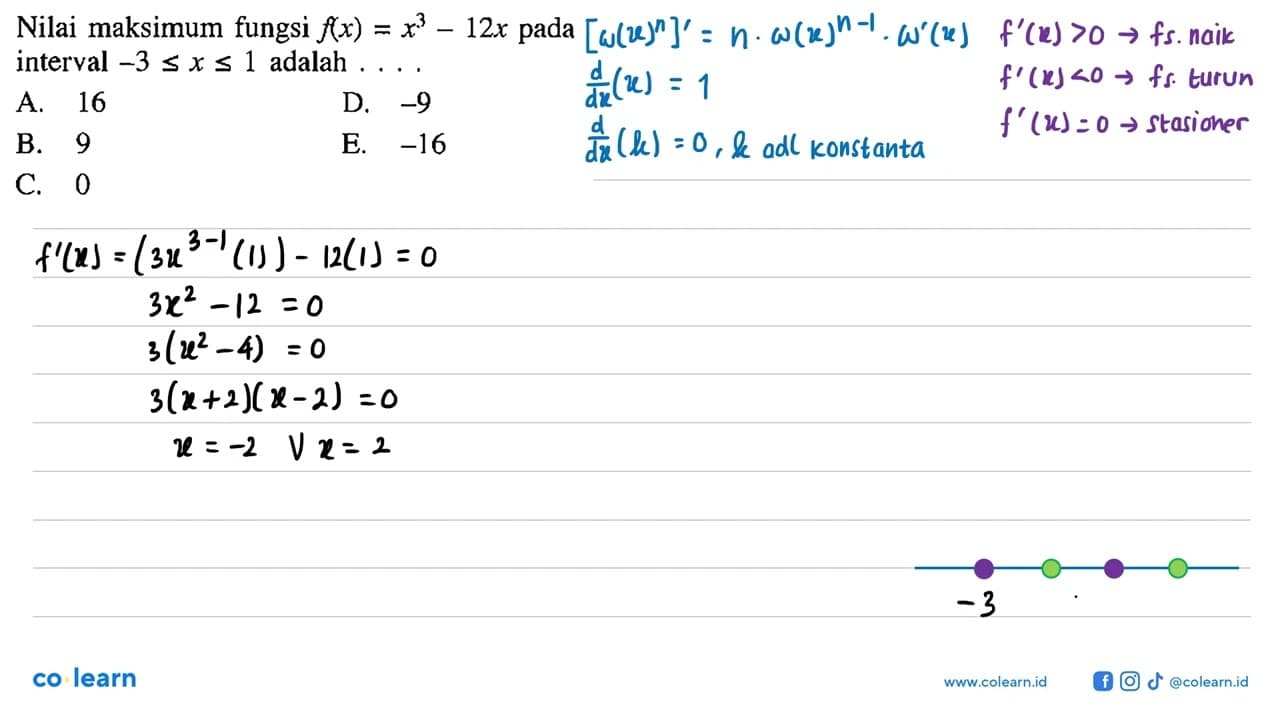 Nilai maksimum fungsi f(x)=x^3-12x pada interval -3 <= x <=