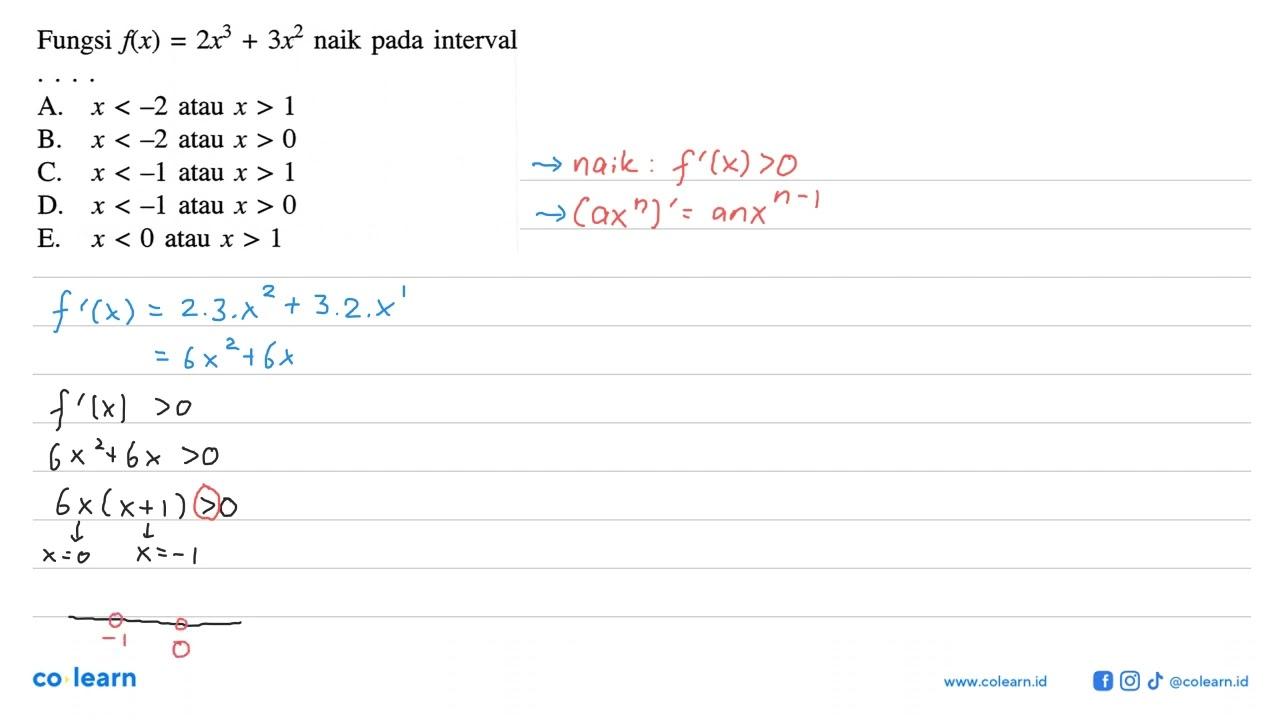 Fungsi f(x)=2x^3+3x^2 naik pada interval