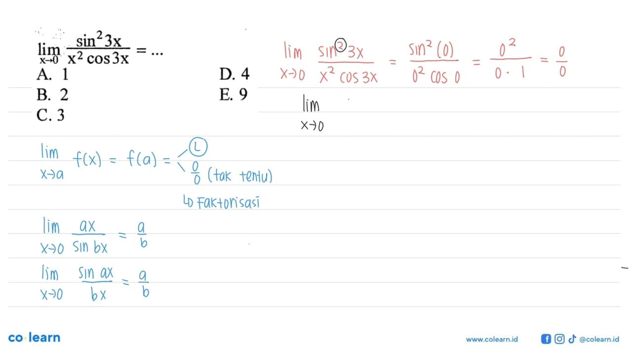 limit x->0 (sin^2 3x/(x^2 cos 3x)=...