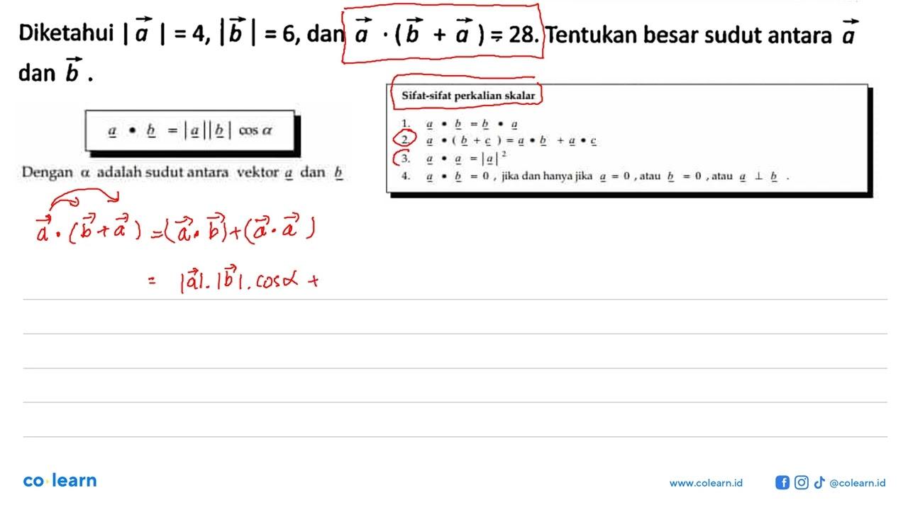 Diketahui |a|=4, |b|=6, dan a.(b+a)=28. Tentukan besar