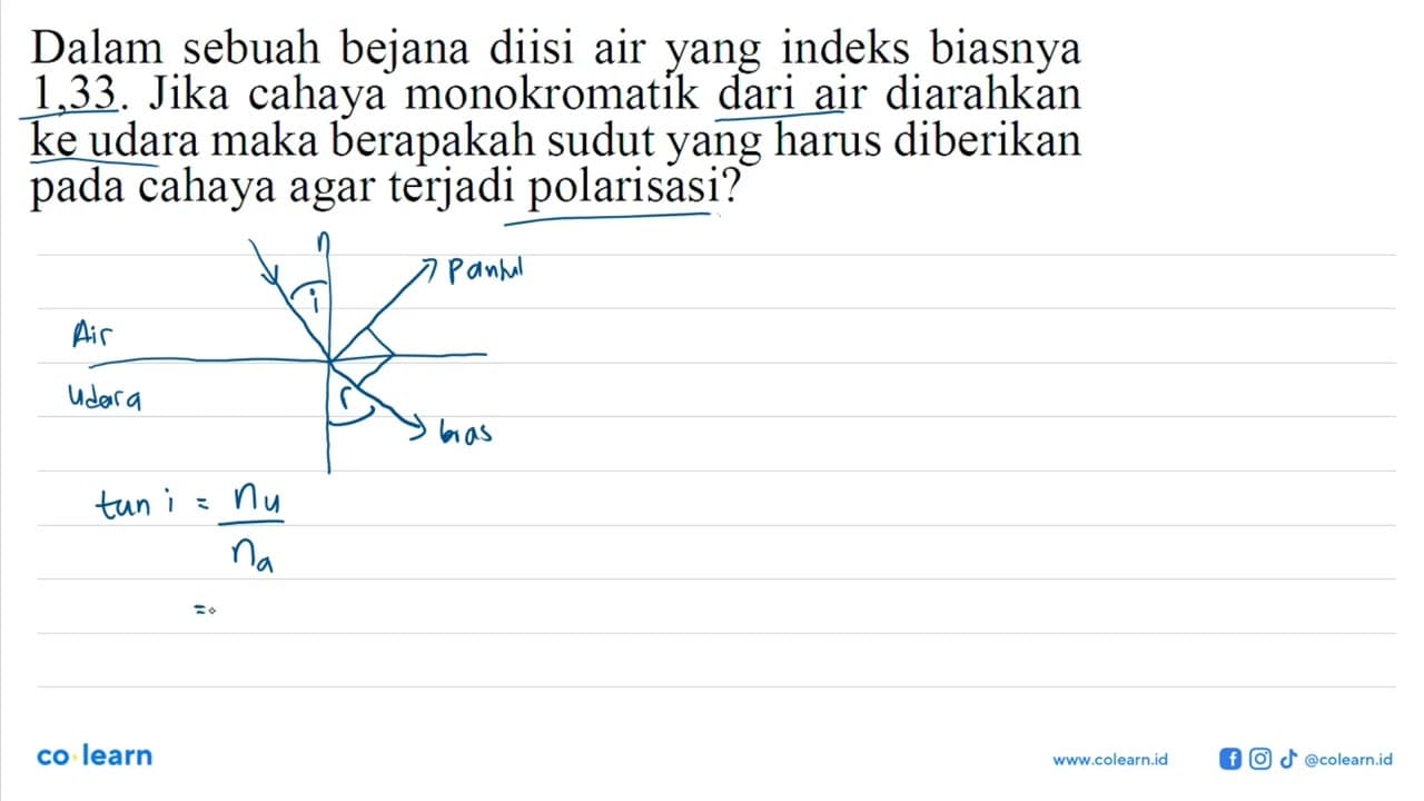 Dalam sebuah bejana diisi air yang indeks biasnya 1,33.