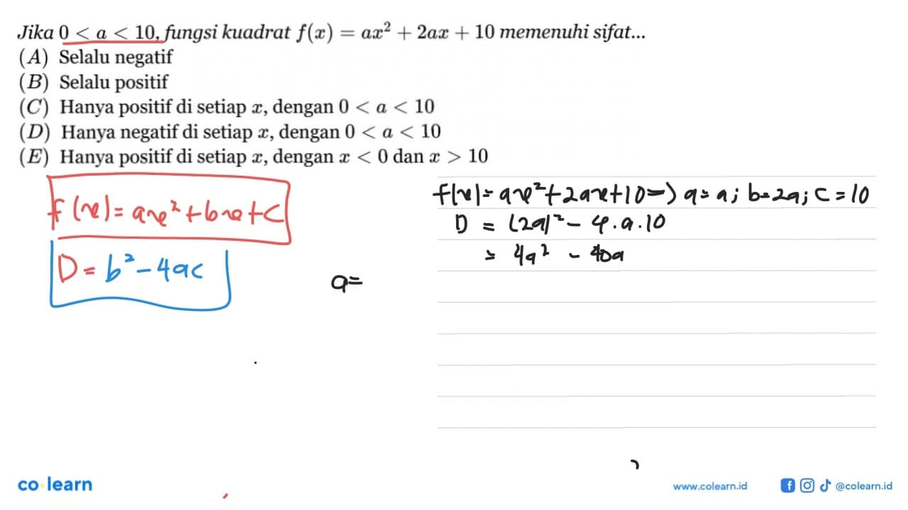 Jika 0 < a < 10, fungsi kuadrat f(x) = ax^2 + 2ax + 10