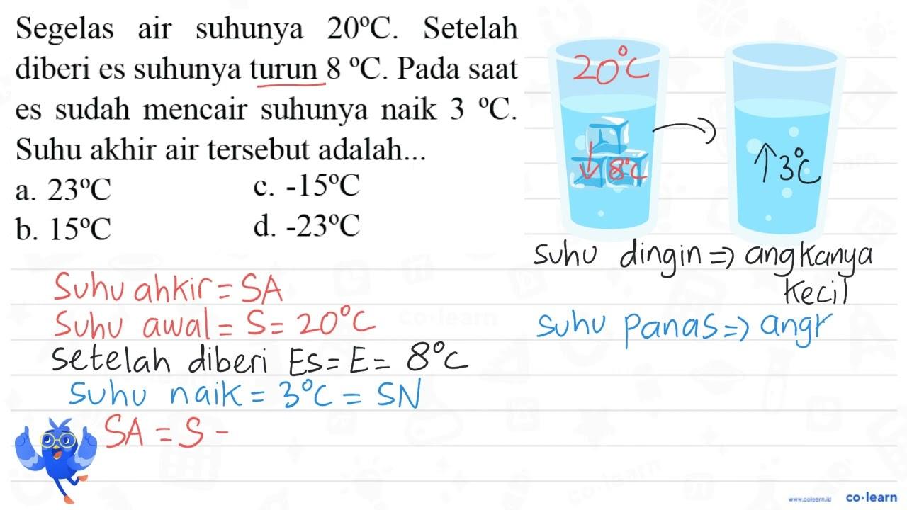 Segelas air suhunya 20 C. Setelah diberi es suhunya turun 8