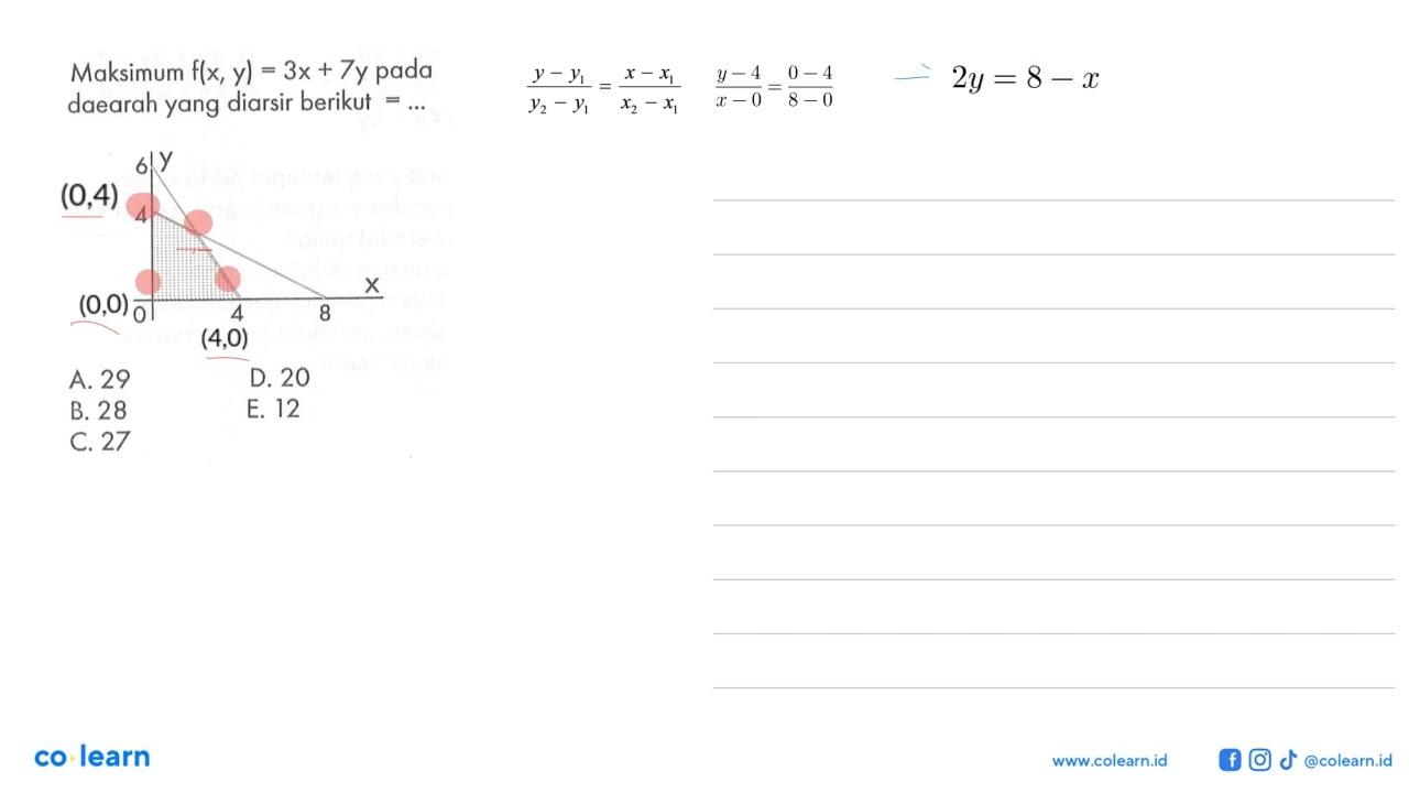 Maksimum f(x,y)=3x+7y pada daearah yang diarsir berikut =