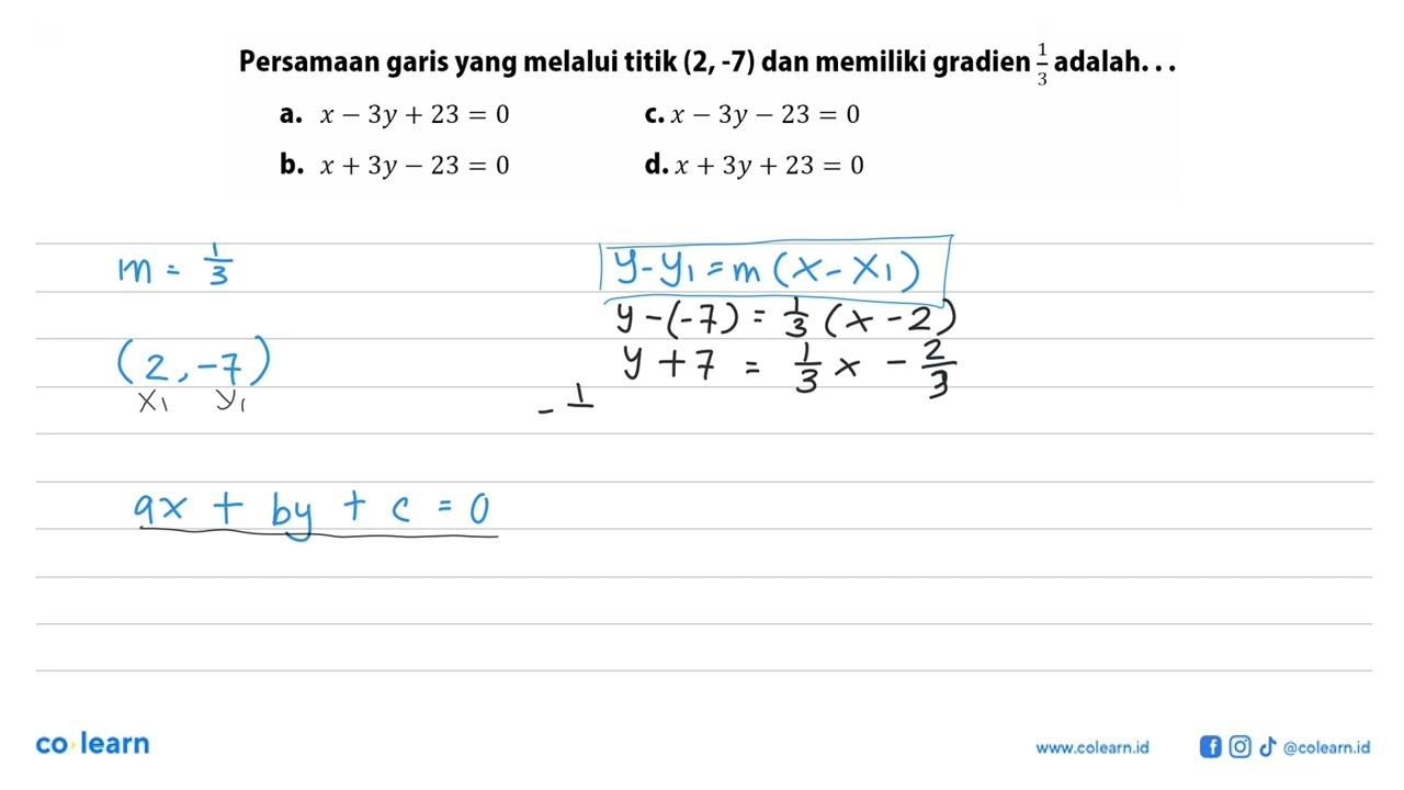 Persamaan garis yang melalui titik (2, -7) dan memiliki