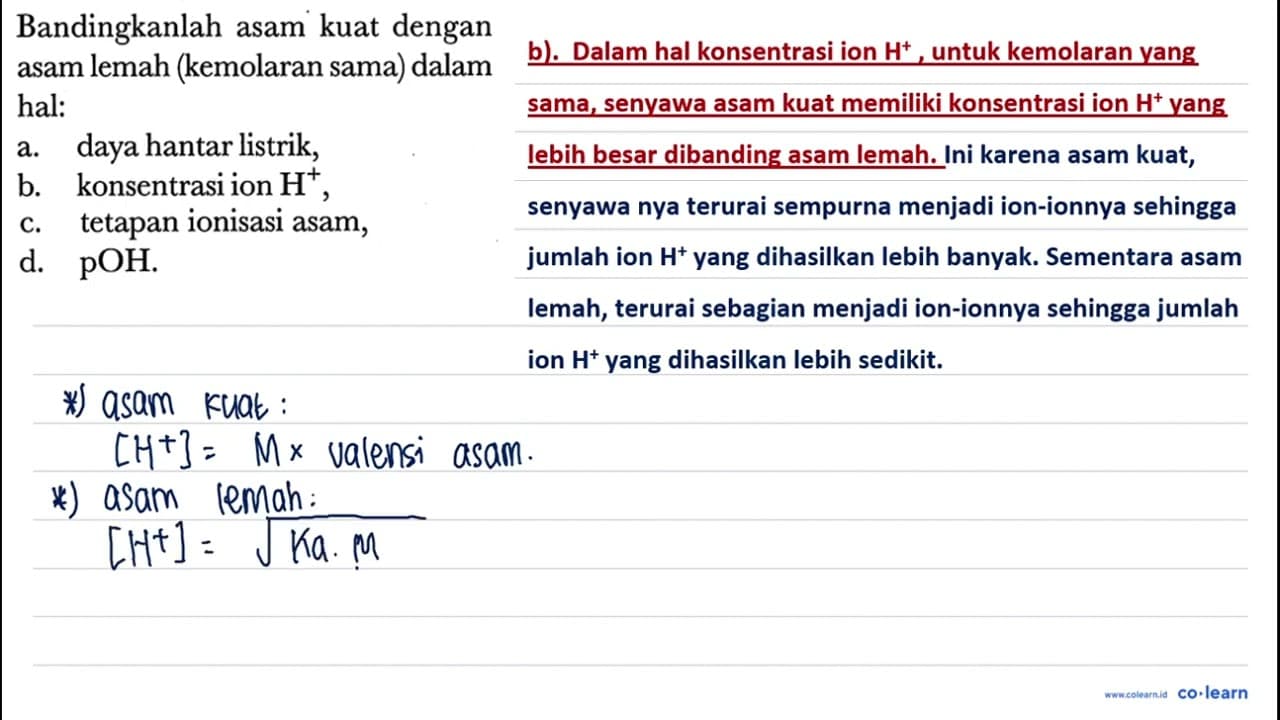 Bandingkanlah asam kuat dengan asam lemah (kemolaran sama)