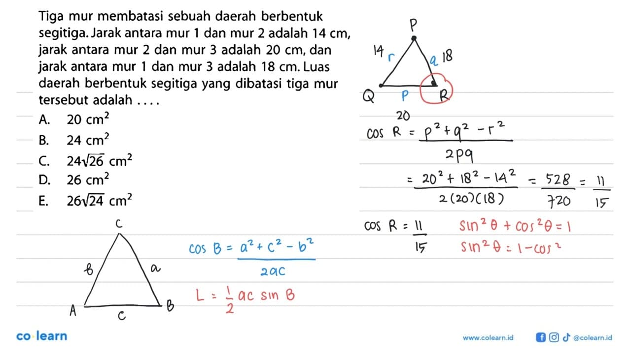 Tiga mur membatasi sebuah daerah berbentuk segitiga. Jarak