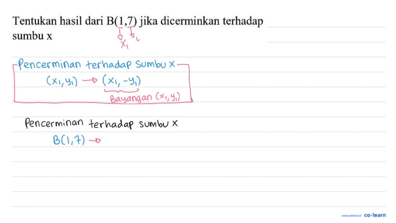 Tentukan hasil dari B(1,7) jika dicerminkan terhadap sumbu