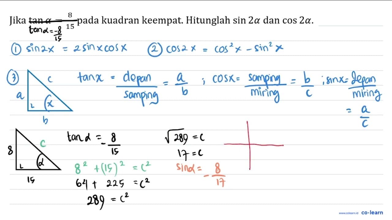 Jika tan a=(8)/(15) pada kuadran keempat. Hitunglah sin 2 a