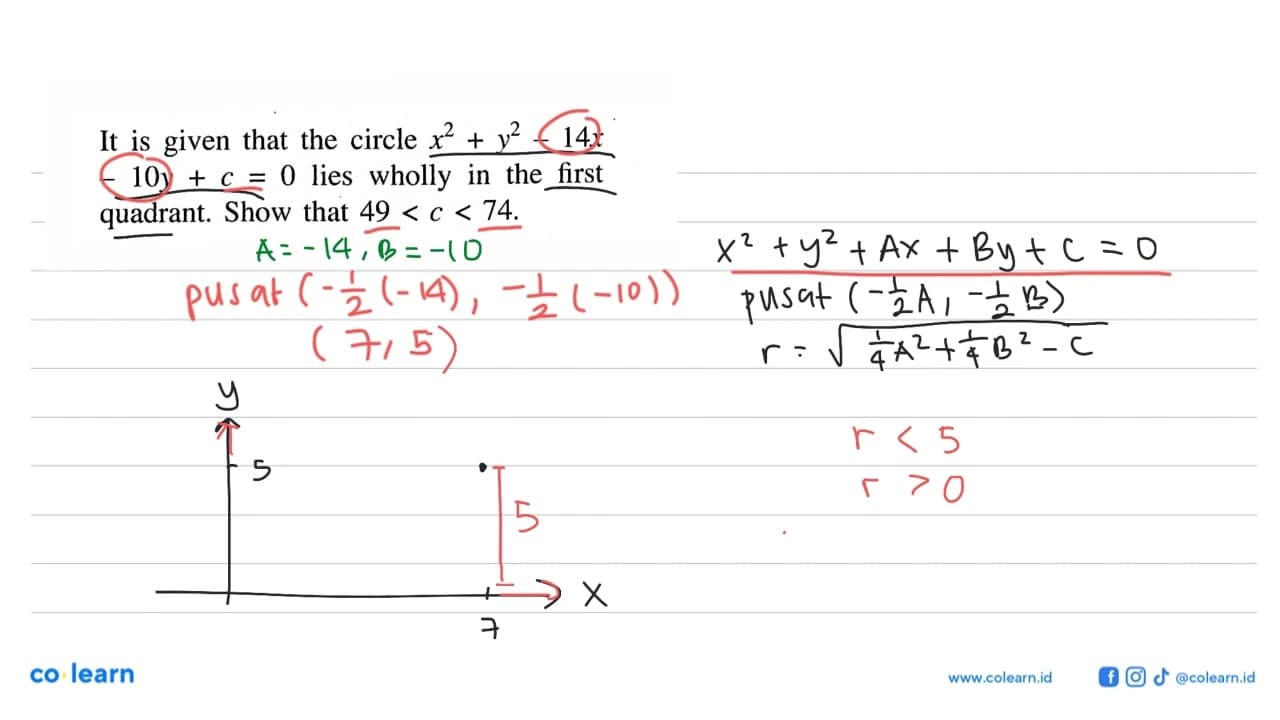 It is given that the circle x^2+y^2-14 x -10 y+c=0 lies