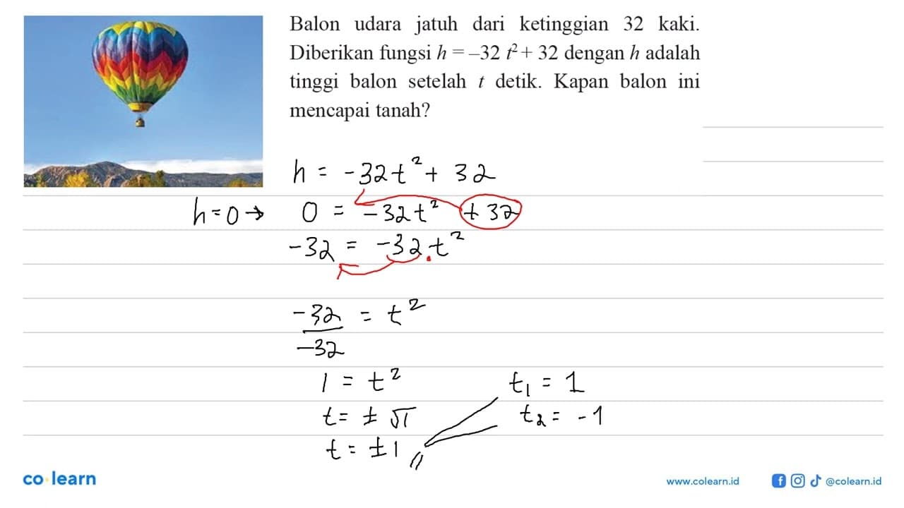 Balon udara jatuh dari ketinggian 32 kaki. Diberikan fungsi