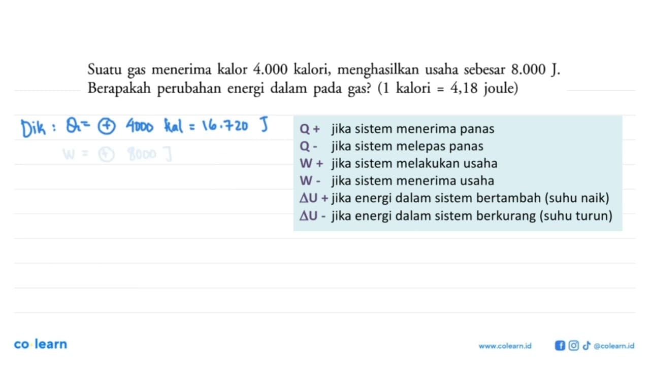 Suatu gas menerima kalor 4.000 kalori, menghasilkan usaha