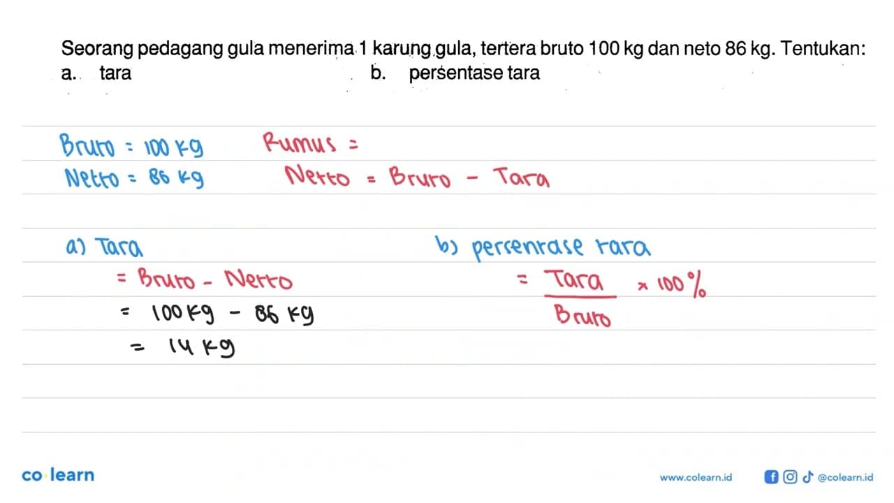 Seorang pedagang gula menerima 1 karung gula, tertera bruto