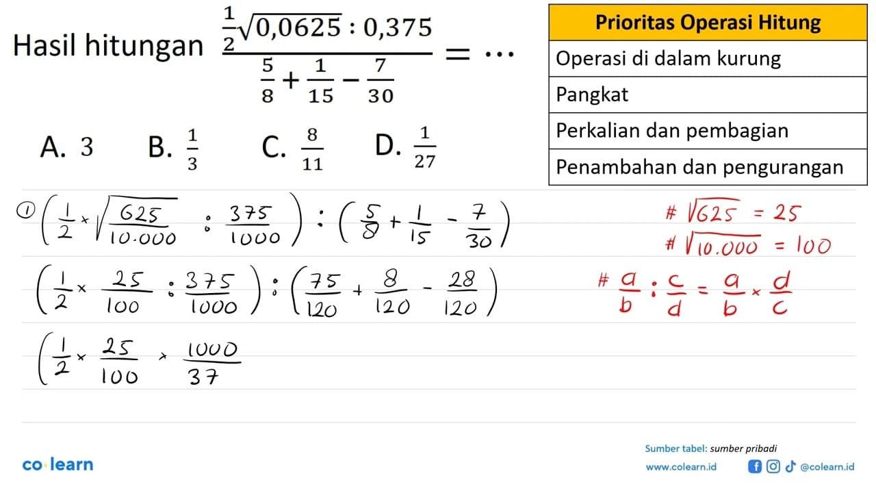 Hasil hitungan 1/2 akar(0,0625) : 0,375/(5/8+1/15-7/30)=..