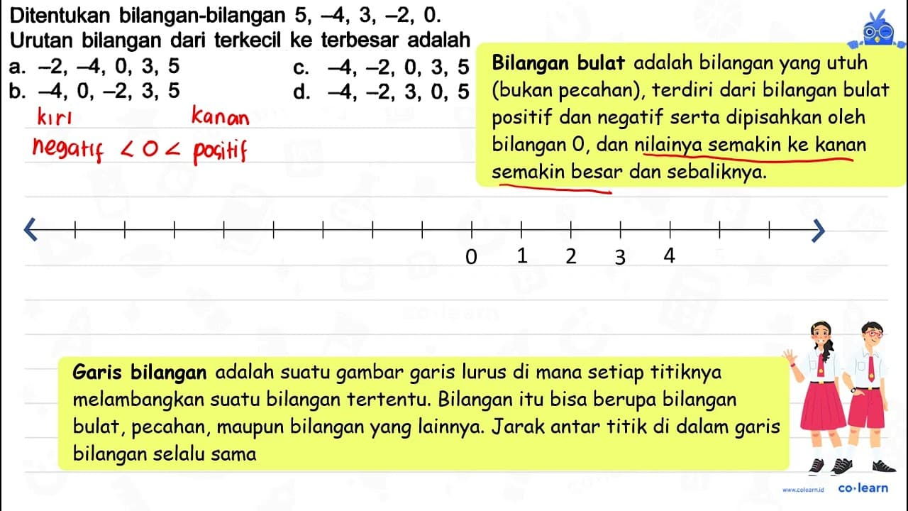 Ditentukan bilangan-bilangan 5,-4,3,-2,0 . Urutan bilangan