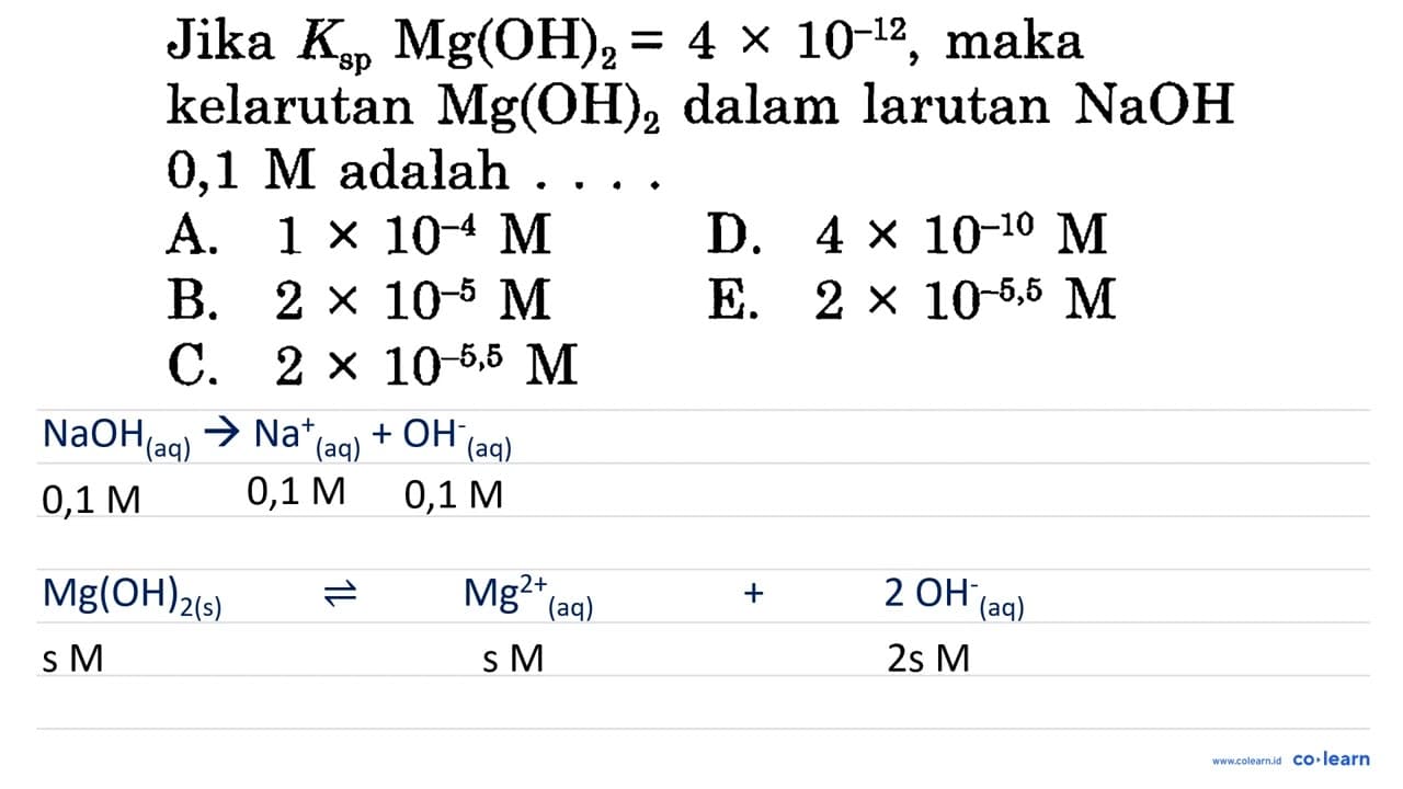 Jika Ks p Mg(OH)2=4 x 10^-12, maka kelarutan Mg(OH)2 dalam