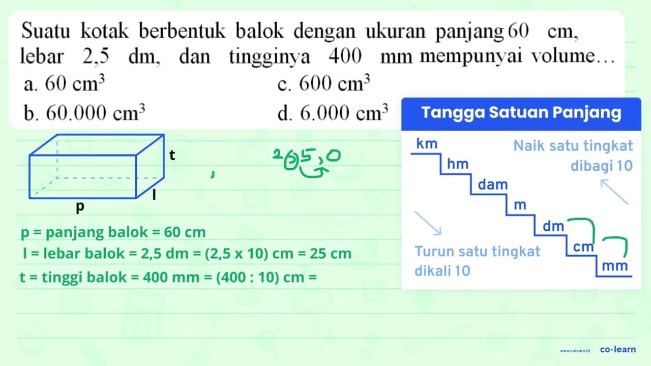 Suatu kotak berbentuk balok dengan ukuran panjang 60 cm ,