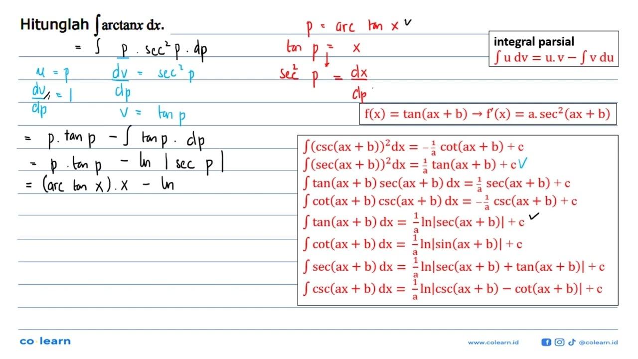 Hitunglah integral arctan x dx