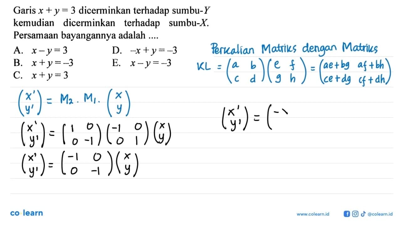 Garis x+y=3 dicerminkan terhadap sumbu-Y kemudian