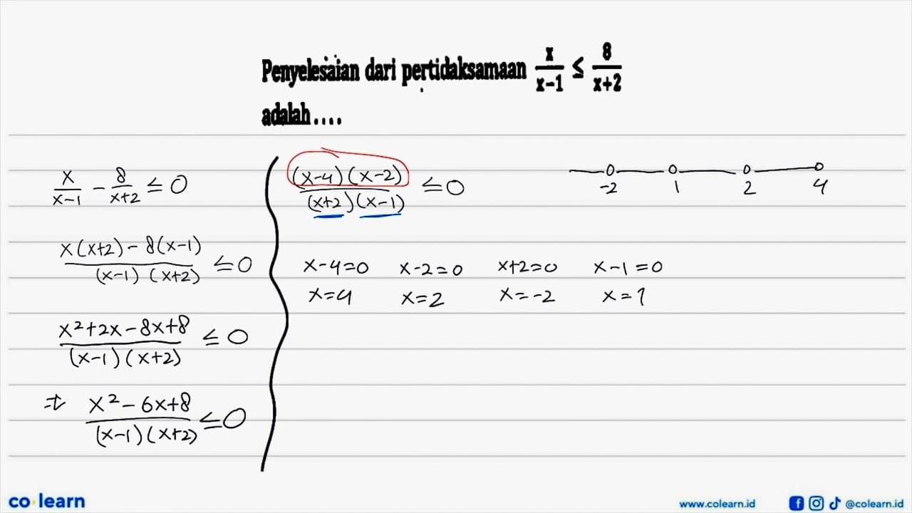 Penyelasaian dari pertidaksamaan x/(x-1) <= 8/(x+2)