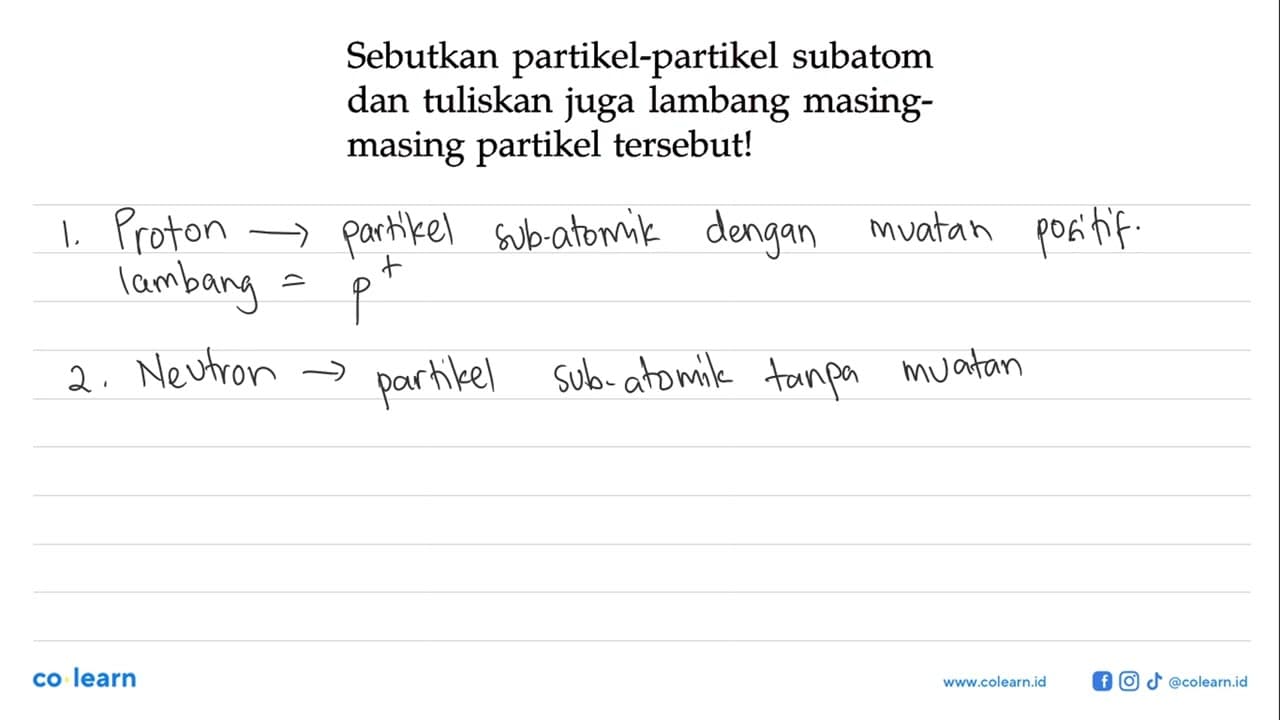 Sebutkan partikel-partikel subatom dan tuliskan juga