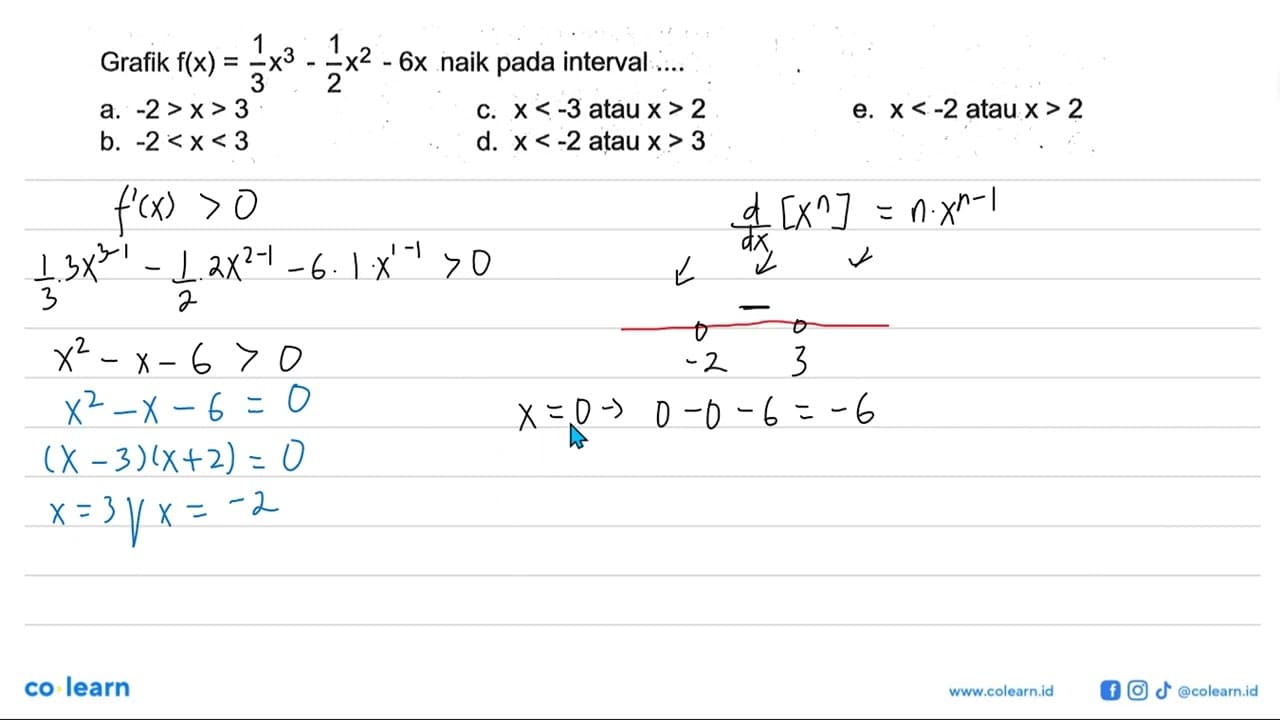 Grafik f(x)=1/3 x^3-1/2 x^2-6x naik pada interval ....