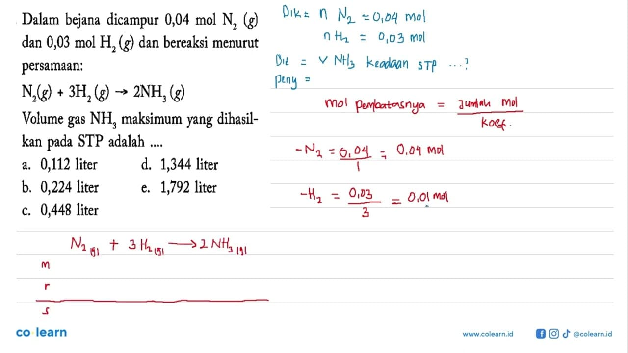 Dalam bejana dicampur 0,04 mol N2(g) dan 0,03 mol H2(g) dan