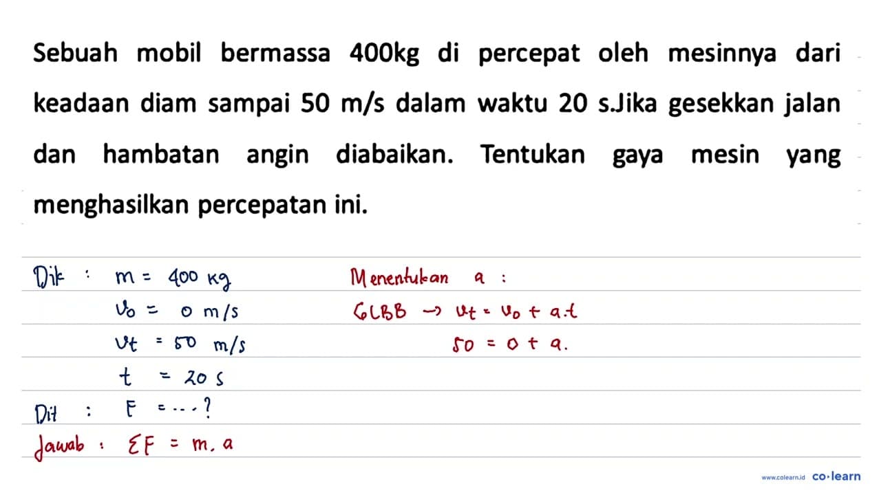 Sebuah mobil bermassa 400 kg di percepat oleh mesinnya dari