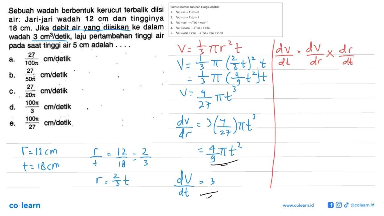 Sebuah wadah berbentuk kerucut terbalik diisi air: