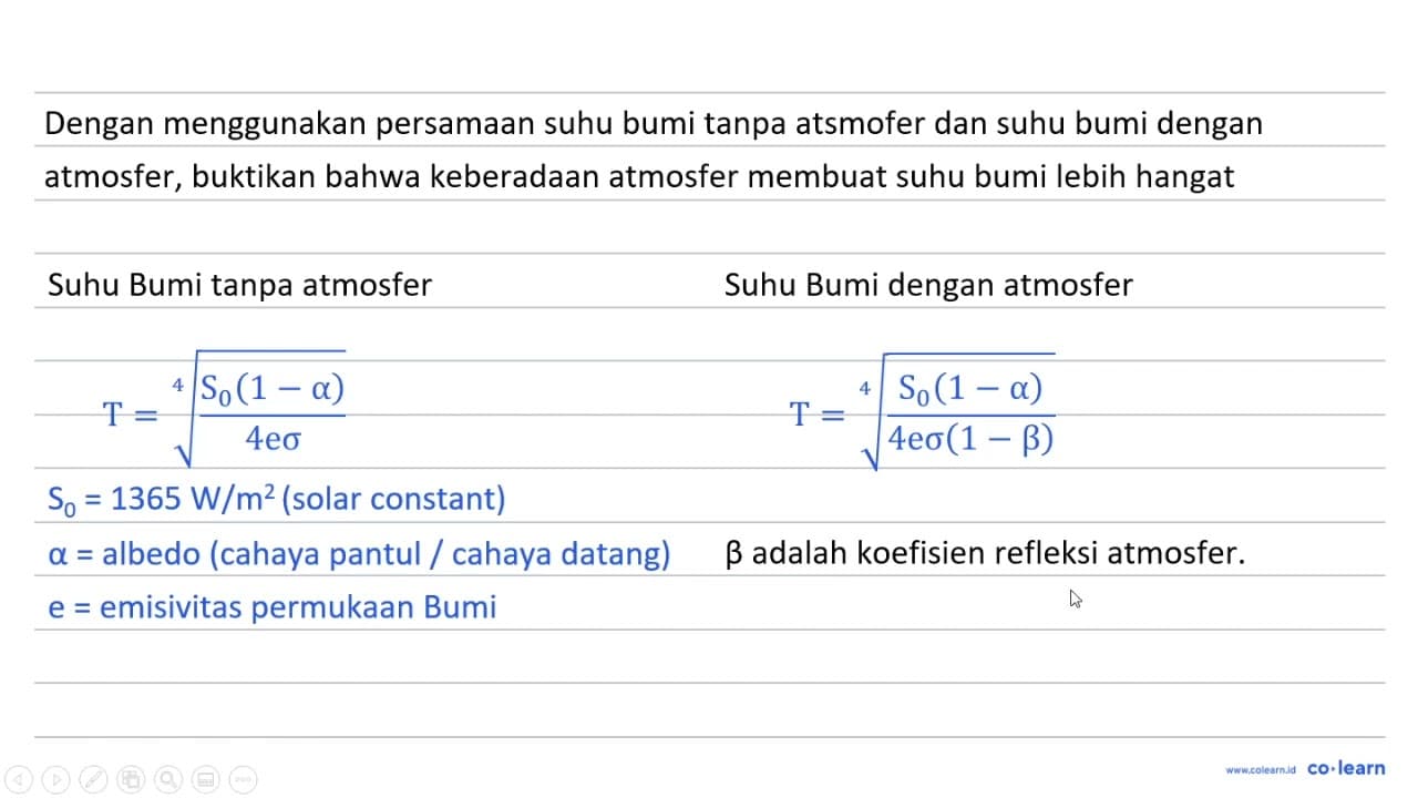 Dengan menggunakan persamaan suhu bumi tanpa atmosfer dan