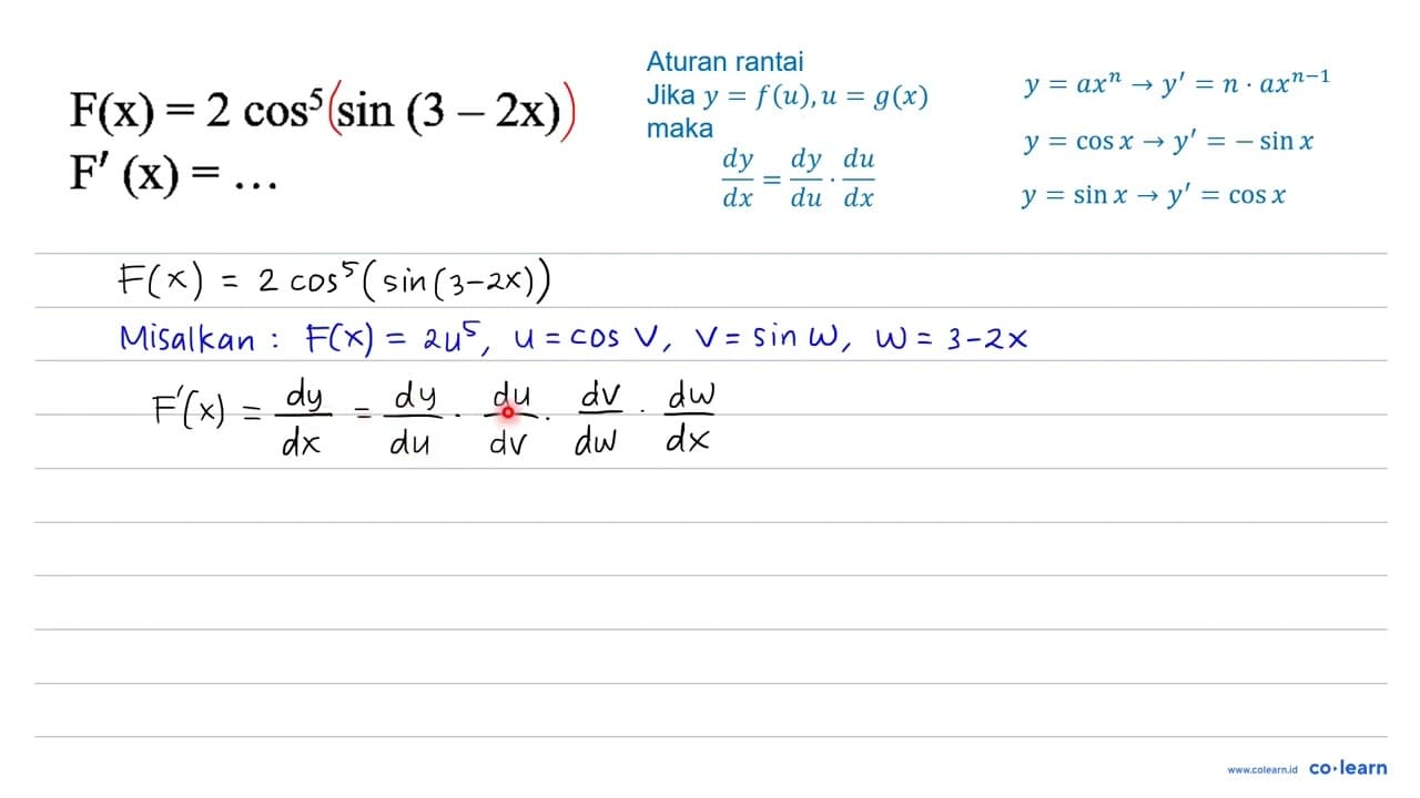 F(x)=2 cos ^(5) sin (3-2 x) F'(x)=...