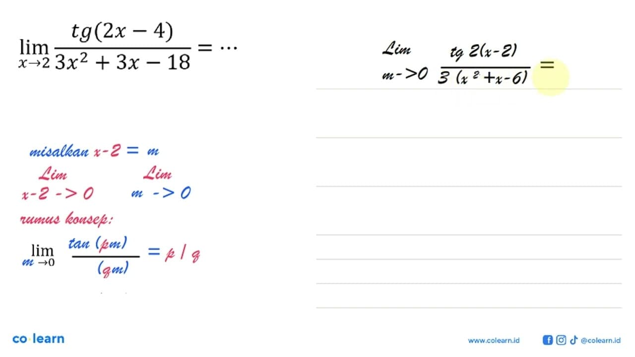 lim x->2 (tg(2x-4))/(3x^2+3x-18)=...