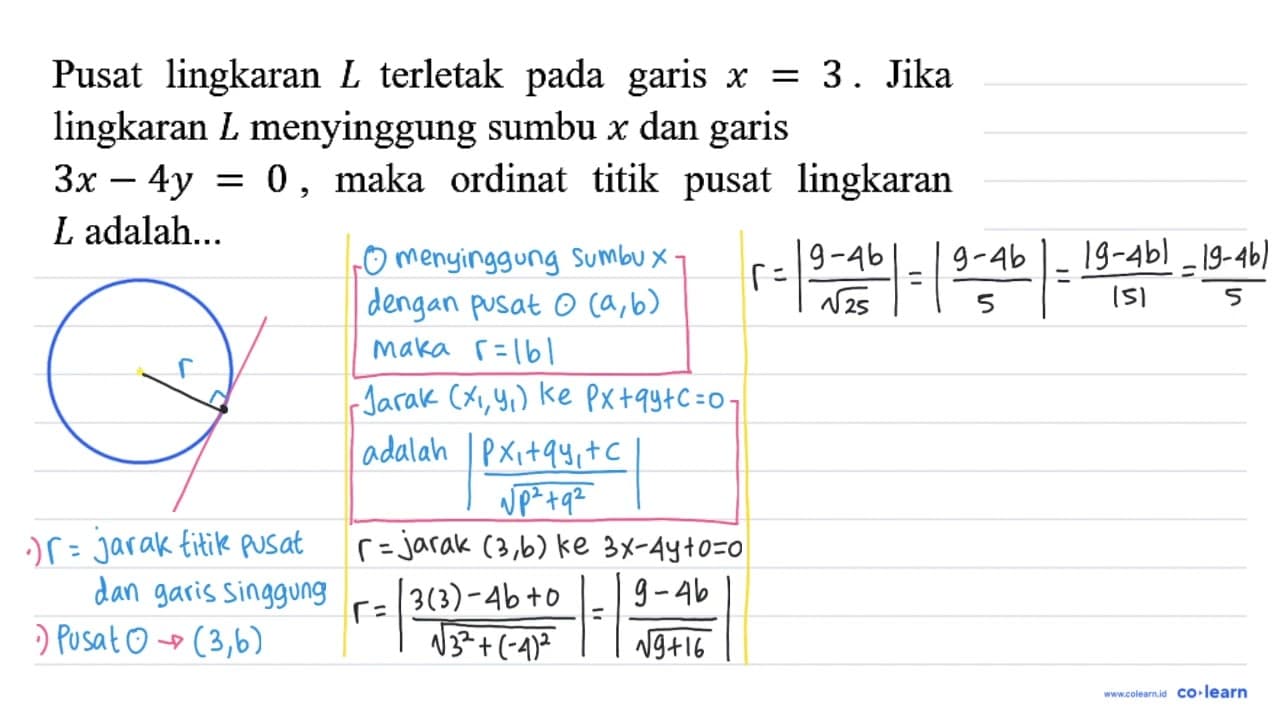 Pusat lingkaran L terletak pada garis x = 3. Jika lingkaran