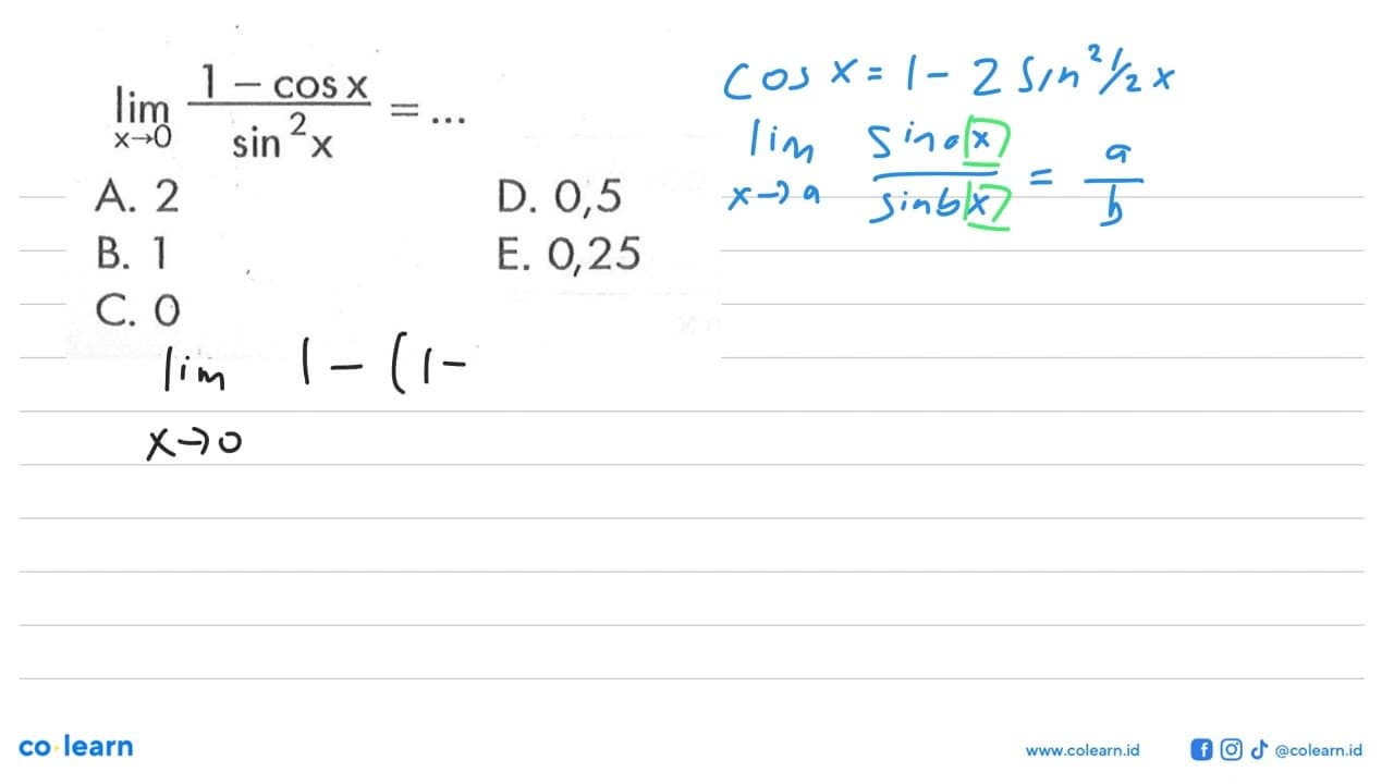 limit x -> 0 (1-cos x)/(sin^2 x) = ...