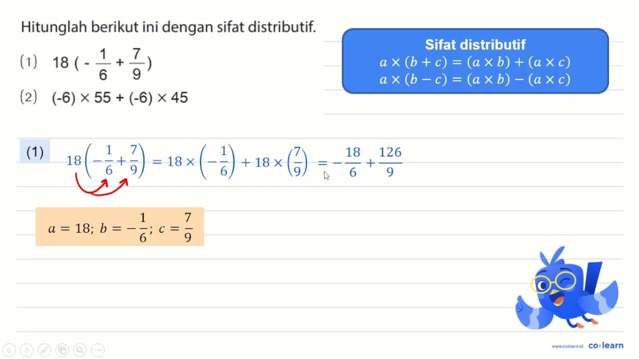 Hitunglah berikut ini dengan sifat distributif. (1) 18