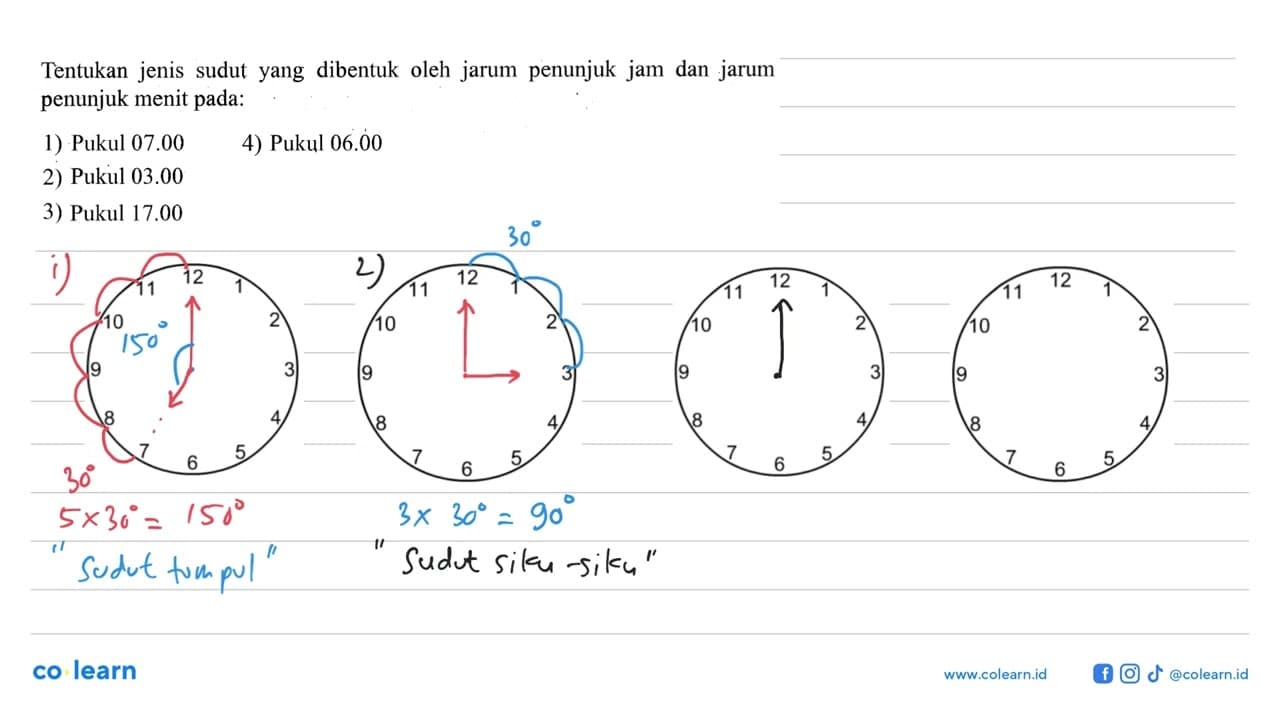 Tentukan jenis sudut yang dibentuk oleh jarum penunjuk jam