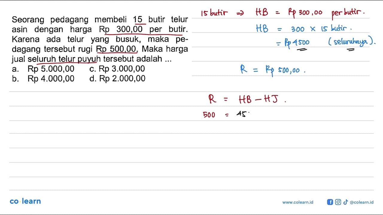 Seorang pedagang membeli 15 butir telur asin dengan harga