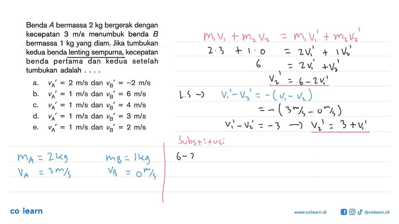 Benda A bermassa 2 kg bergerak dengan kecepatan 3 m/s