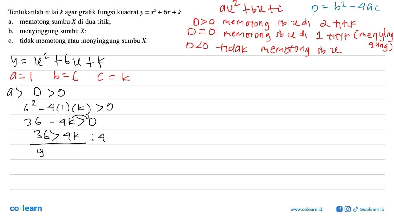 Tentukanlah nilai k agar grafik fungsi kuadrat y = x^2 + 6x