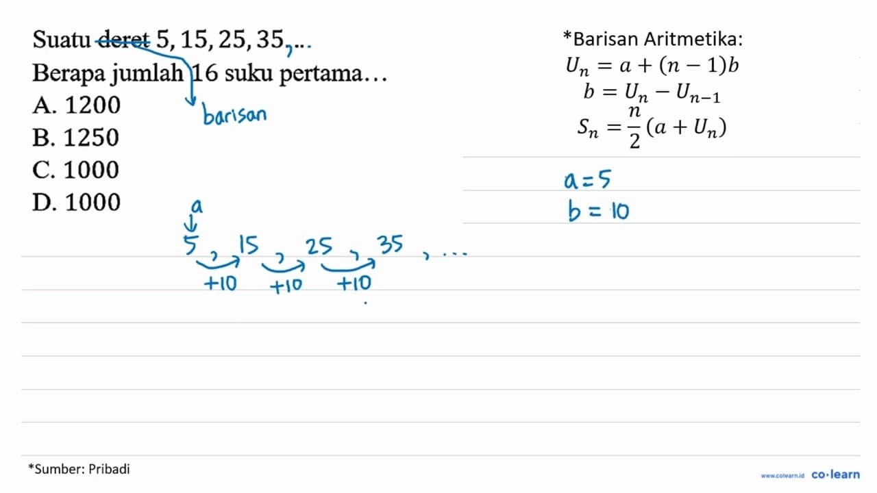 Suatu deret 5, 15, 25, 35 ... Berapa jumlah 16 suku