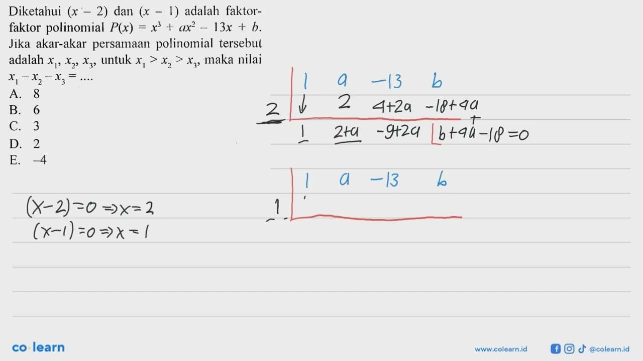 Diketahui (x-2) dan (x-1) adalah faktor-faktor polinomial